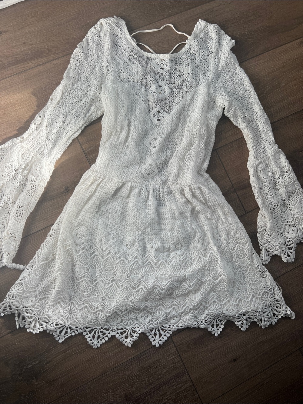 White Crochet Lace Long Sleeve Tunic Dress
